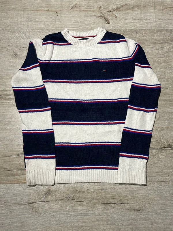 đź›’Pull Tommy Hilfiger rayures blanches et bleues marines, taille Lđź›’