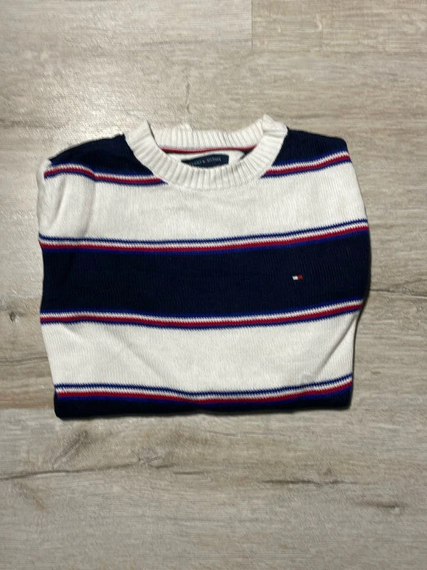 đź›’Pull Tommy Hilfiger rayures blanches et bleues marines, taille Lđź›’