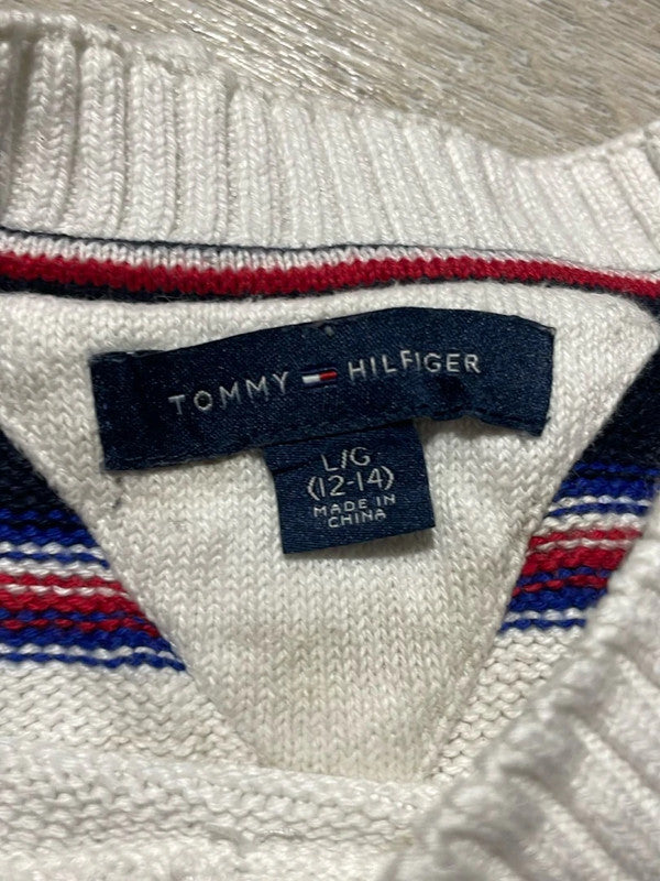 đź›’Pull Tommy Hilfiger rayures blanches et bleues marines, taille Lđź›’