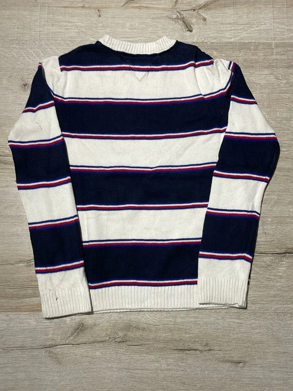 đź›’Pull Tommy Hilfiger rayures blanches et bleues marines, taille Lđź›’