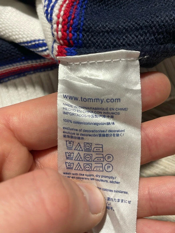 đź›’Pull Tommy Hilfiger rayures blanches et bleues marines, taille Lđź›’
