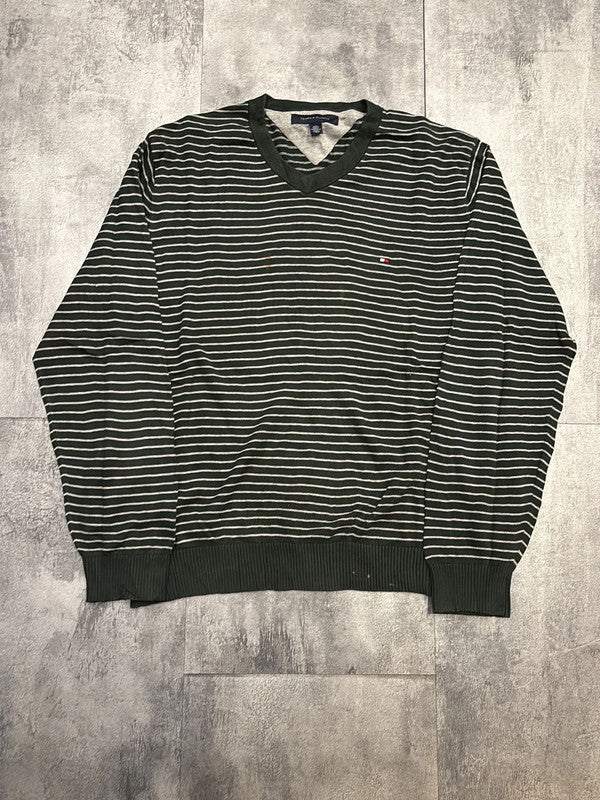 đź›’Pull Tommy Hilfiger rayures vertes et blanches - Taille Lđź›’