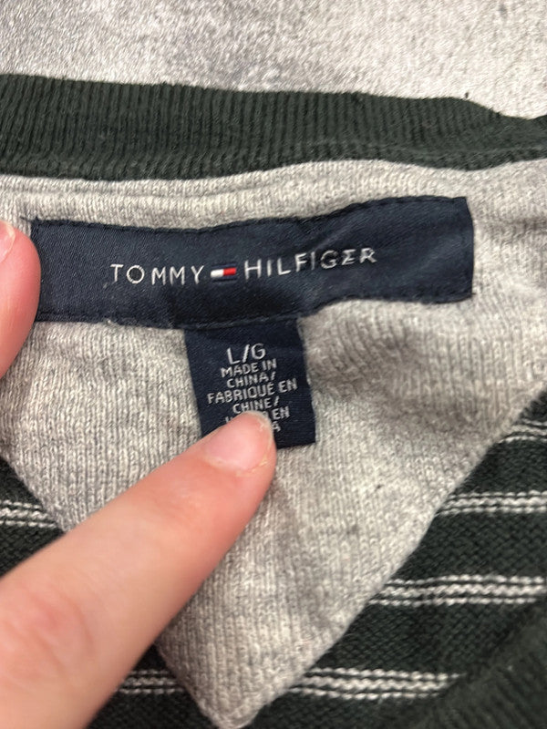 đź›’Pull Tommy Hilfiger rayures vertes et blanches - Taille Lđź›’