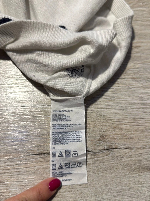 đź›’Pull Tommy Hilfiger Blanc Ă Pois Noirs - Taille Lđź›’