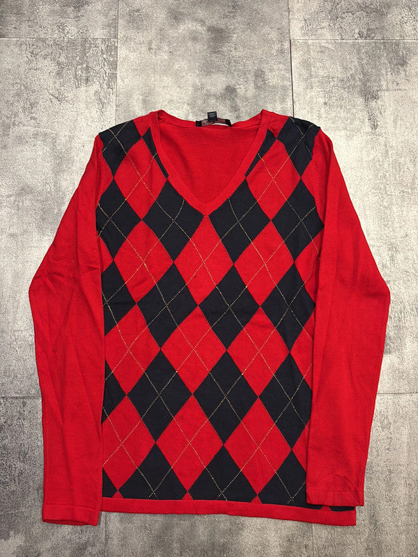 🛒Pull Tommy Hilfiger Rouge et Noir Losanges Dorés M🛒