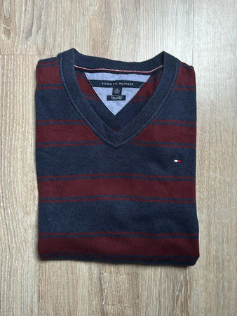 🛒Pull Tommy Hilfiger XL rayures bleu marine et bordeaux🛒