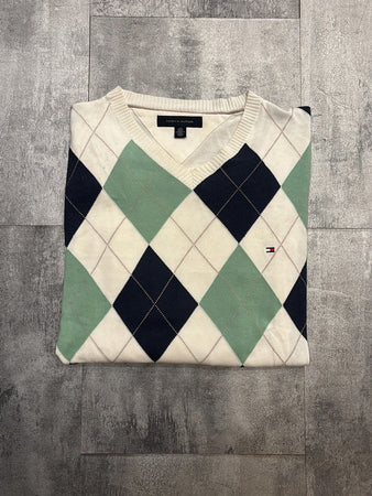 🛒Pull Tommy Hilfiger Losanges Blanc Crème Vert et Bleu Marine Taille L🛒