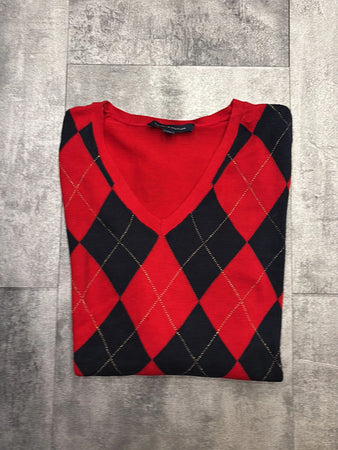 🛒Pull Tommy Hilfiger Rouge et Noir Losanges Dorés M🛒