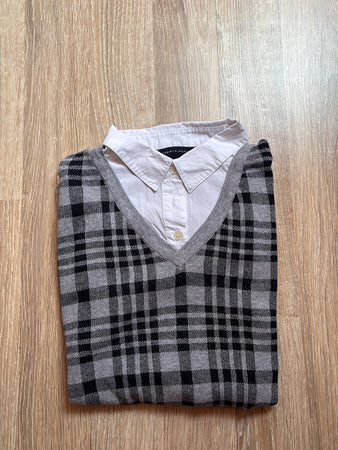 🛒Pull sans manches gris et noir avec chemise blanche Tommy Hilfiger S🛒